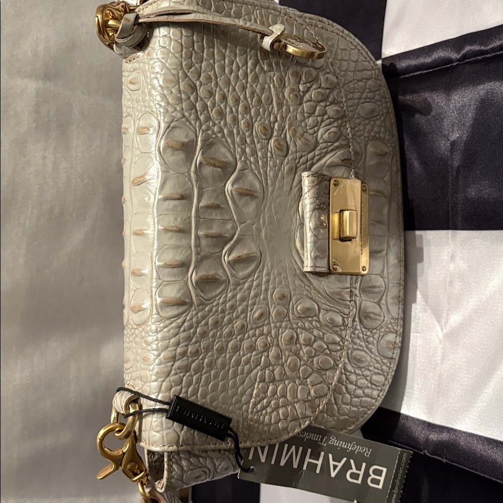 Brahmin Gold and Cream Croc-Embossed Bag: Size 10x6x3; dimensions listed